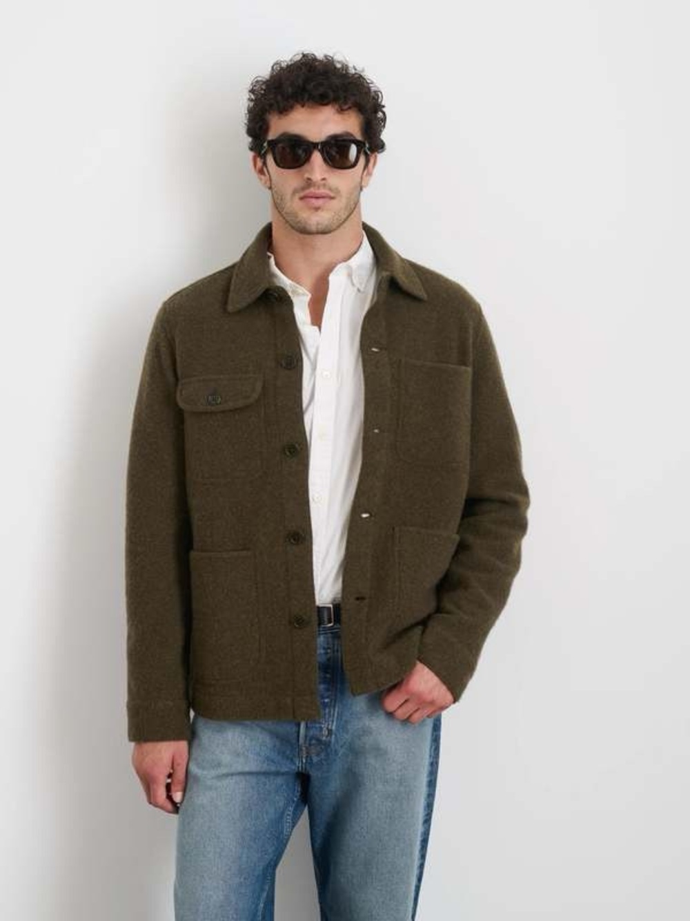 Alex Mill work jacket in boiled wool in heather olive green size M